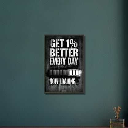 Motivationsspruch mit Ladebalken 'Get 1% Better Every Day' auf einem Poster im Metallrahmen