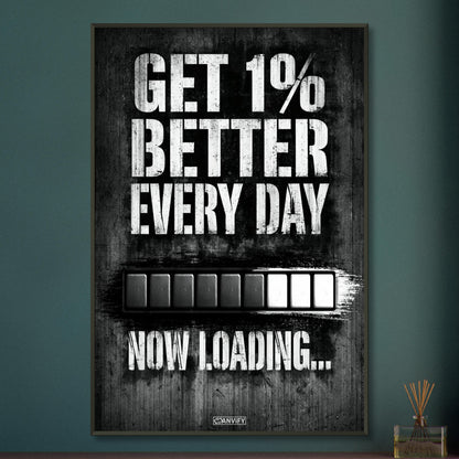 Motivationsspruch mit Ladebalken 'Get 1% Better Every Day' auf einem Poster im Metallrahmen