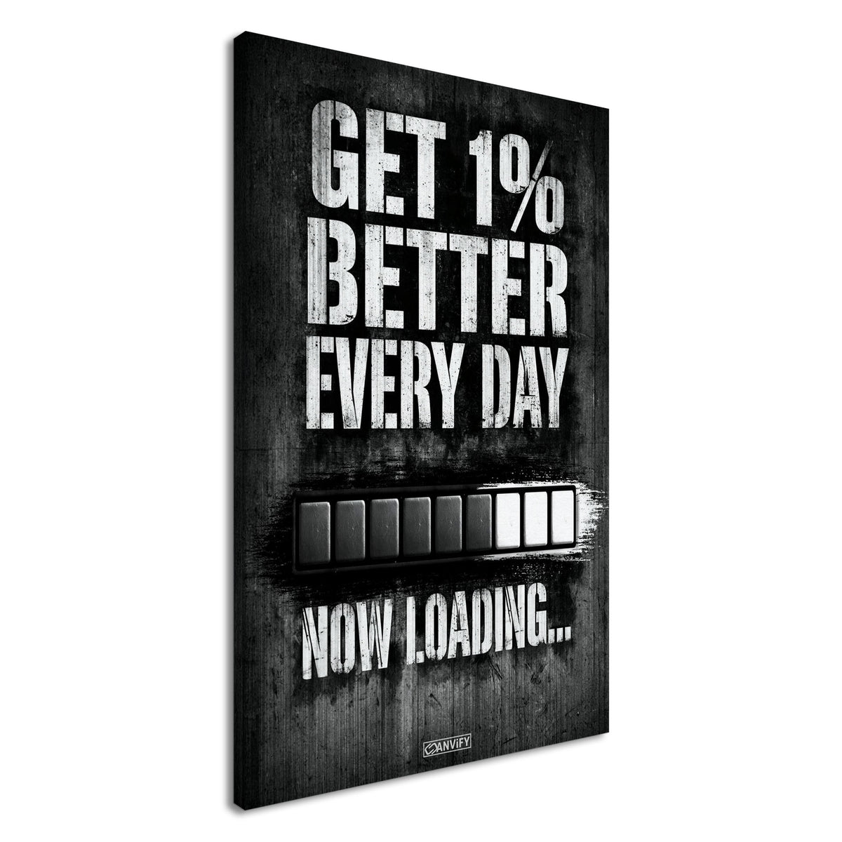 Motivationsspruch mit Ladebalken 'Get 1% Better Every Day' auf einer Leinwand