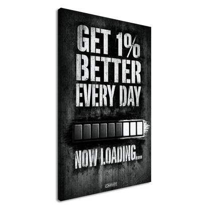 Motivationsspruch mit Ladebalken 'Get 1% Better Every Day' auf einer Leinwand