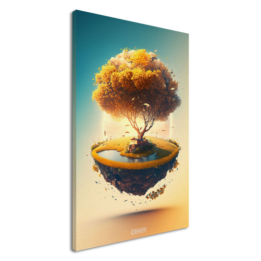 Ginkgobaum mit Haus und See auf einer Leinwand