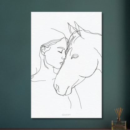 Mädchen küsst ein Pferd gezeichnet auf einer Leinwand