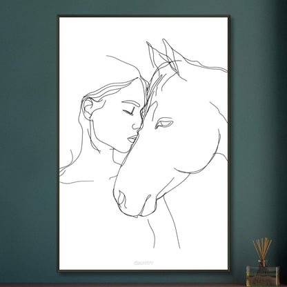 Mädchen küsst ein Pferd gezeichnet auf einem Poster im Metallrahmen