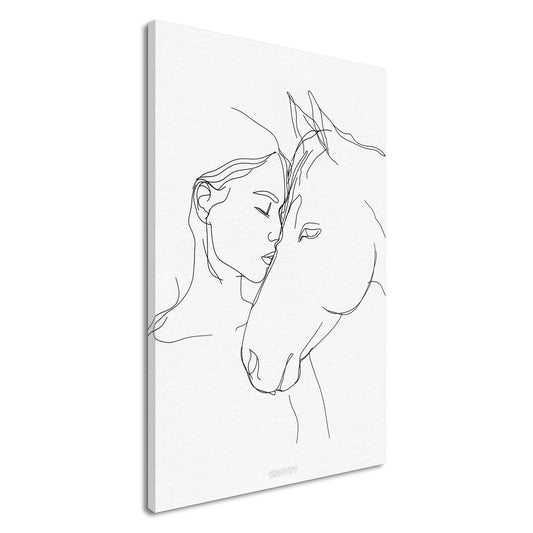 Mädchen küsst ein Pferd gezeichnet auf einer Leinwand