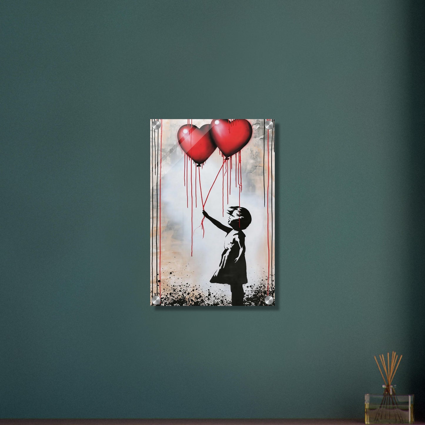 Kleines Mädchen hält zwei Herzluftballons fest im Banksy Stil auf einem Acrylbild