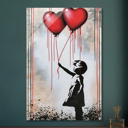 Kleines Mädchen hält zwei Herzluftballons fest im Banksy Stil auf einem Acrylbild
