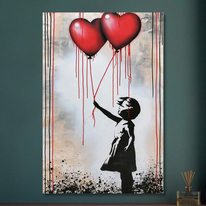 Kleines Mädchen hält zwei Herzluftballons fest im Banksy Stil auf Aluminium