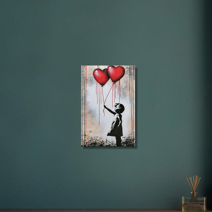 Kleines Mädchen hält zwei Herzluftballons fest im Banksy Stil auf einer Leinwand