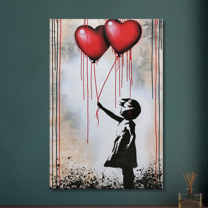 Kleines Mädchen hält zwei Herzluftballons fest im Banksy Stil auf einer Leinwand
