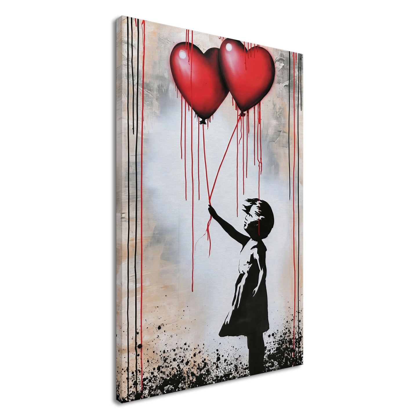 Kleines Mädchen hält zwei Herzluftballons fest im Banksy Stil auf einer Leinwand
