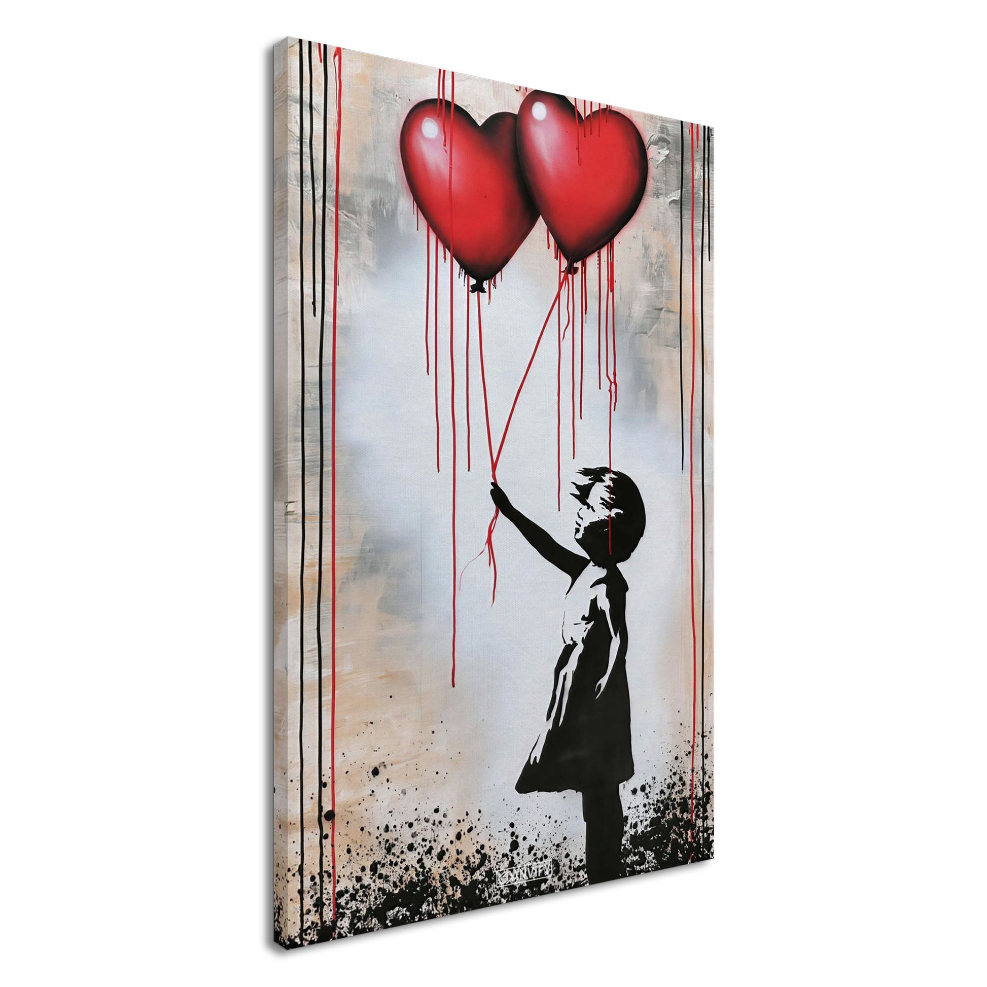Kleines Mädchen hält zwei Herzluftballons fest im Banksy Stil auf einer Leinwand
