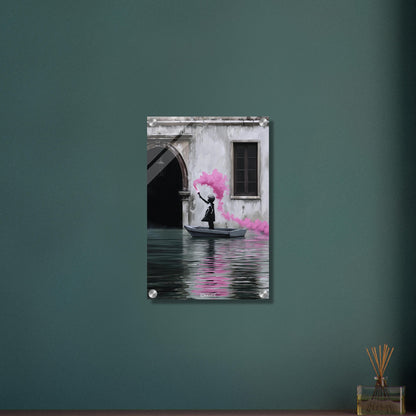 Mädchen hält im Boot auf dem Wasser eine pinke Signalfackel im Banksy Stil auf einem Acrylbild