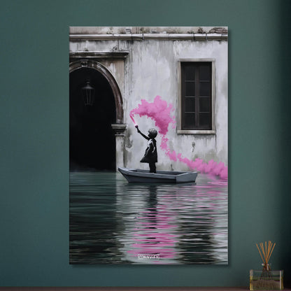 Mädchen hält im Boot auf dem Wasser eine pinke Signalfackel im Banksy Stil auf einer Leinwand