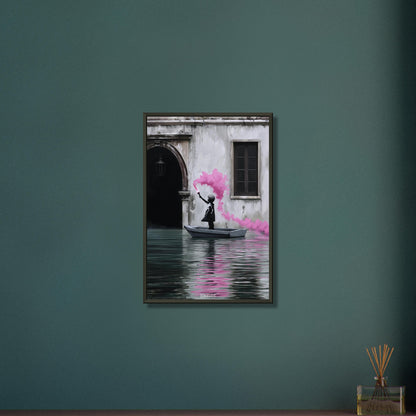 Mädchen hält im Boot auf dem Wasser eine pinke Signalfackel im Banksy Stil auf einem Poster im Metallrahmen