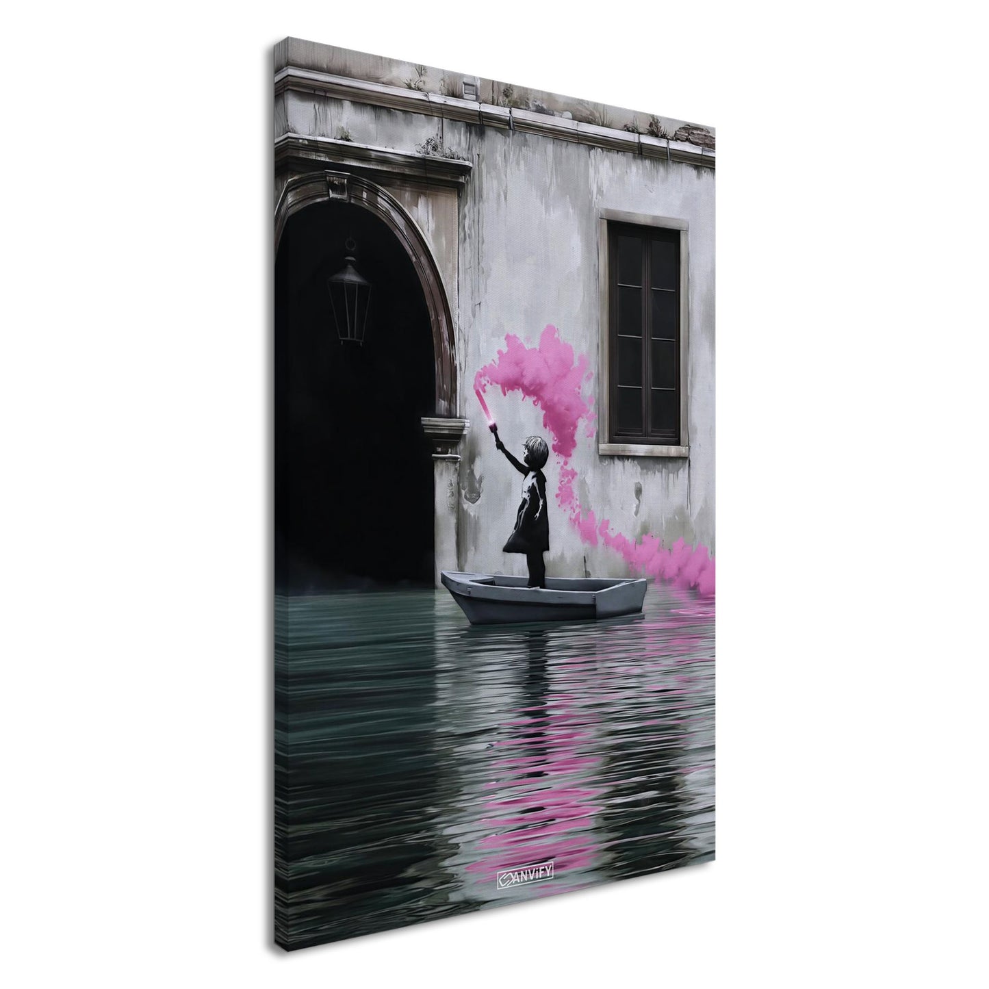 Mädchen hält im Boot auf dem Wasser eine pinke Signalfackel im Banksy Stil auf einer Leinwand