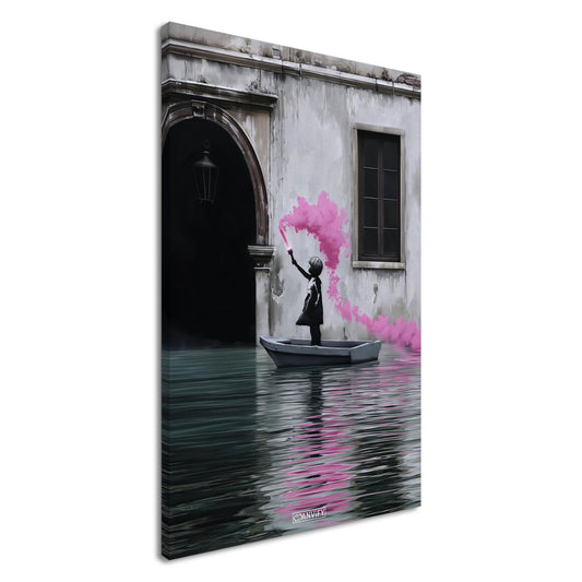 Mädchen hält im Boot auf dem Wasser eine pinke Signalfackel im Banksy Stil auf einer Leinwand