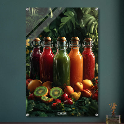 Fruchtsäfte in Glasflaschen mit Orangen, Kiwis, Erdbeeren und Pfirsichen auf einem Acrylbild
