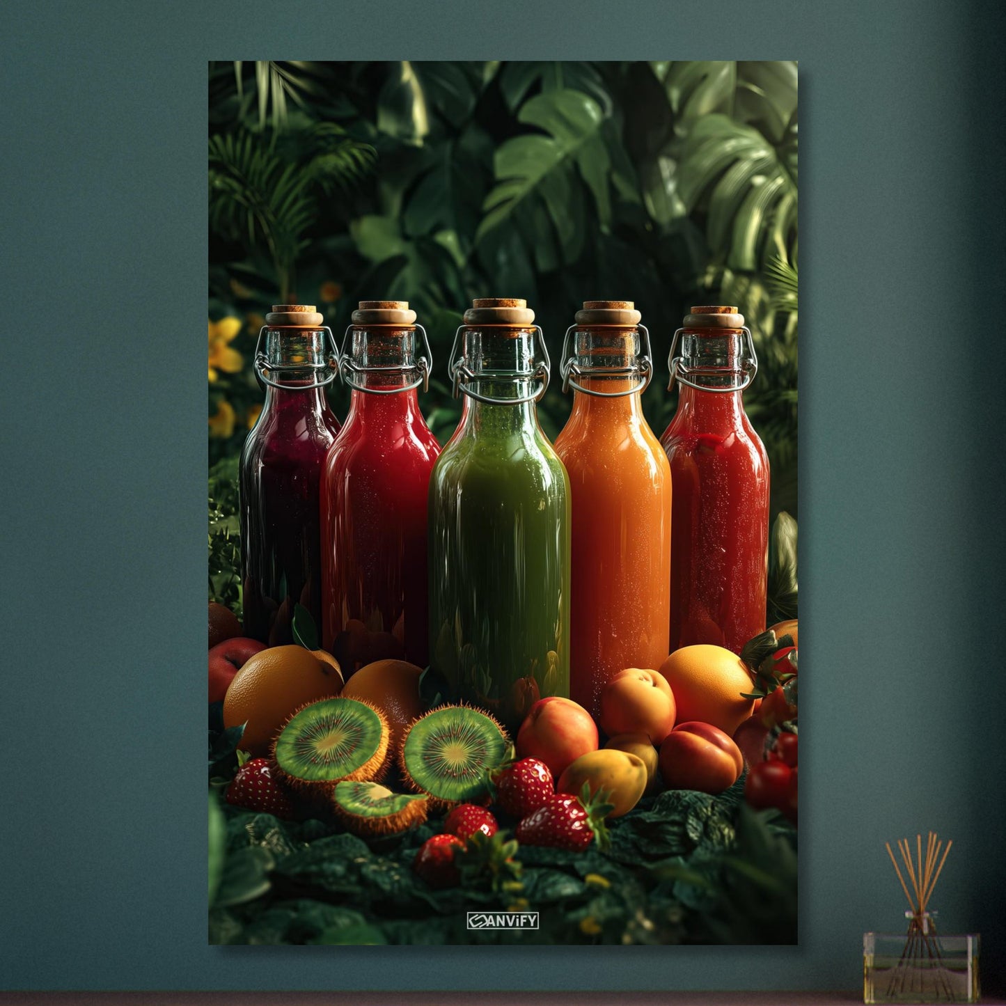 Fruchtsäfte in Glasflaschen mit Orangen, Kiwis, Erdbeeren und Pfirsichen auf Aluminium