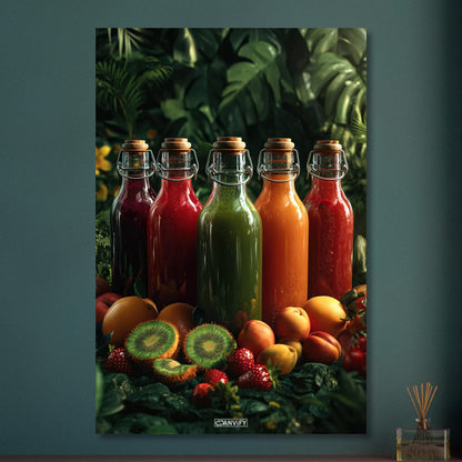 Fruchtsäfte in Glasflaschen mit Orangen, Kiwis, Erdbeeren und Pfirsichen auf Aluminium