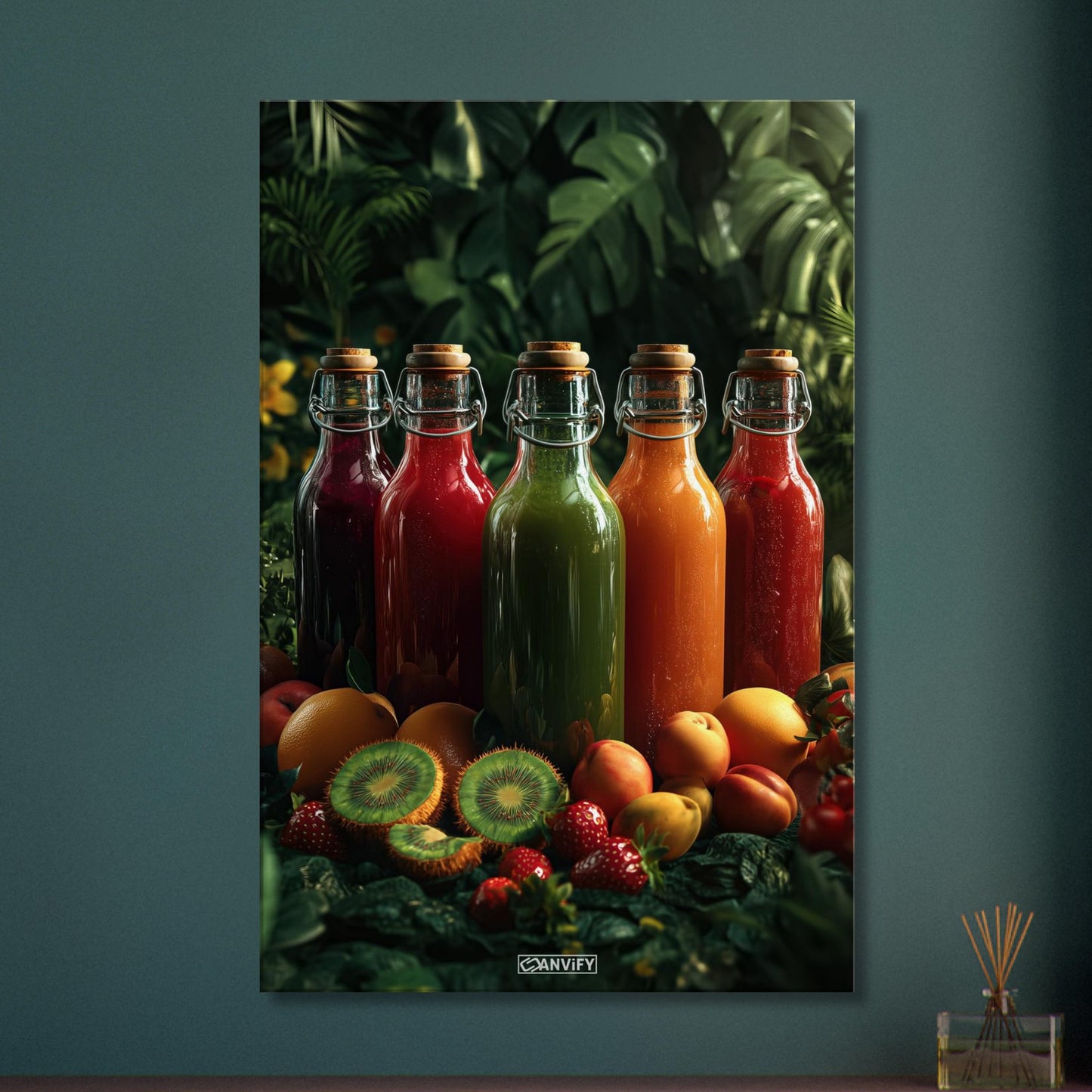 Fruchtsäfte in Glasflaschen mit Orangen, Kiwis, Erdbeeren und Pfirsichen auf einer Leinwand