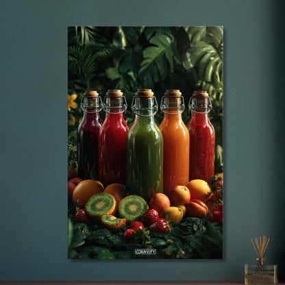 Fruchtsäfte in Glasflaschen mit Orangen, Kiwis, Erdbeeren und Pfirsichen auf einer Leinwand
