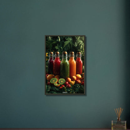 Fruchtsäfte in Glasflaschen mit Orangen, Kiwis, Erdbeeren und Pfirsichen auf einem Poster im Metallrahmen