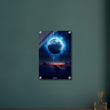 Blick durch das Hubble-Weltraumteleskop auf den glühenden Exoplaneten HD 189733b in seiner frühen Entstehungsphase auf einem Acrylbild