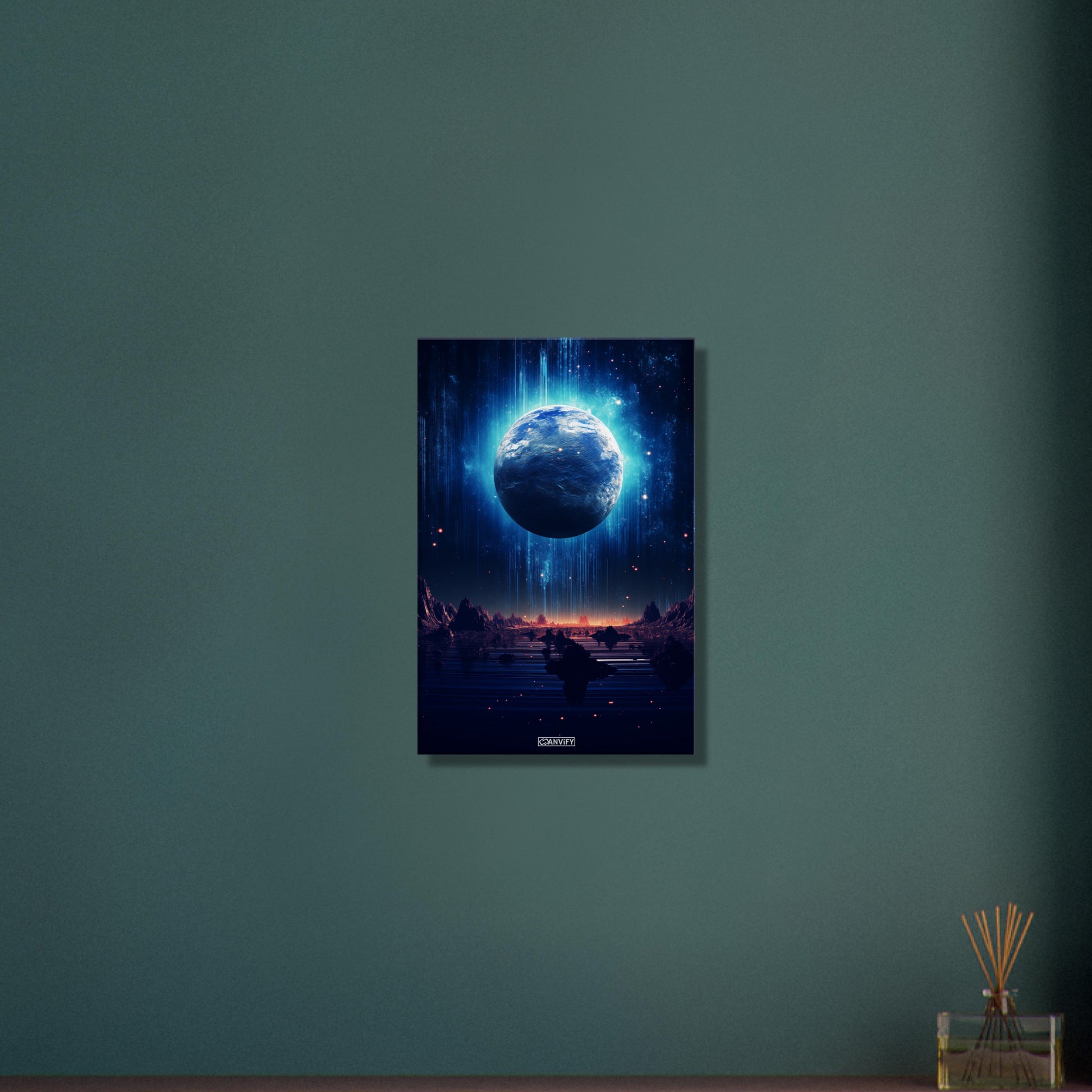 Blick durch das Hubble-Weltraumteleskop auf den glühenden Exoplaneten HD 189733b in seiner frühen Entstehungsphase auf einer Leinwand