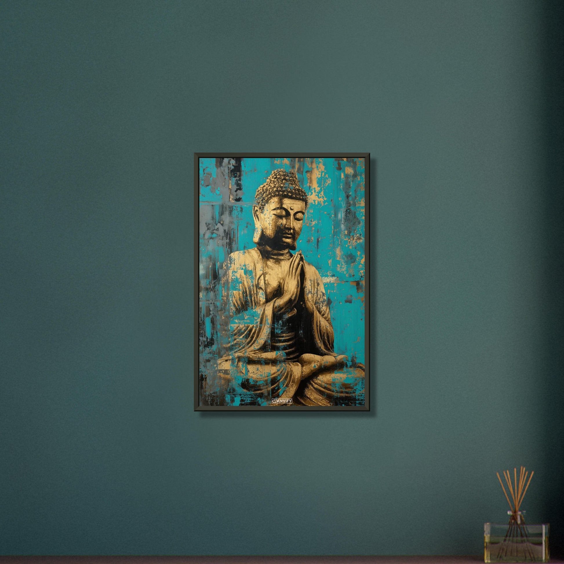 Goldener Buddha auf einem Poster im Metallrahmen