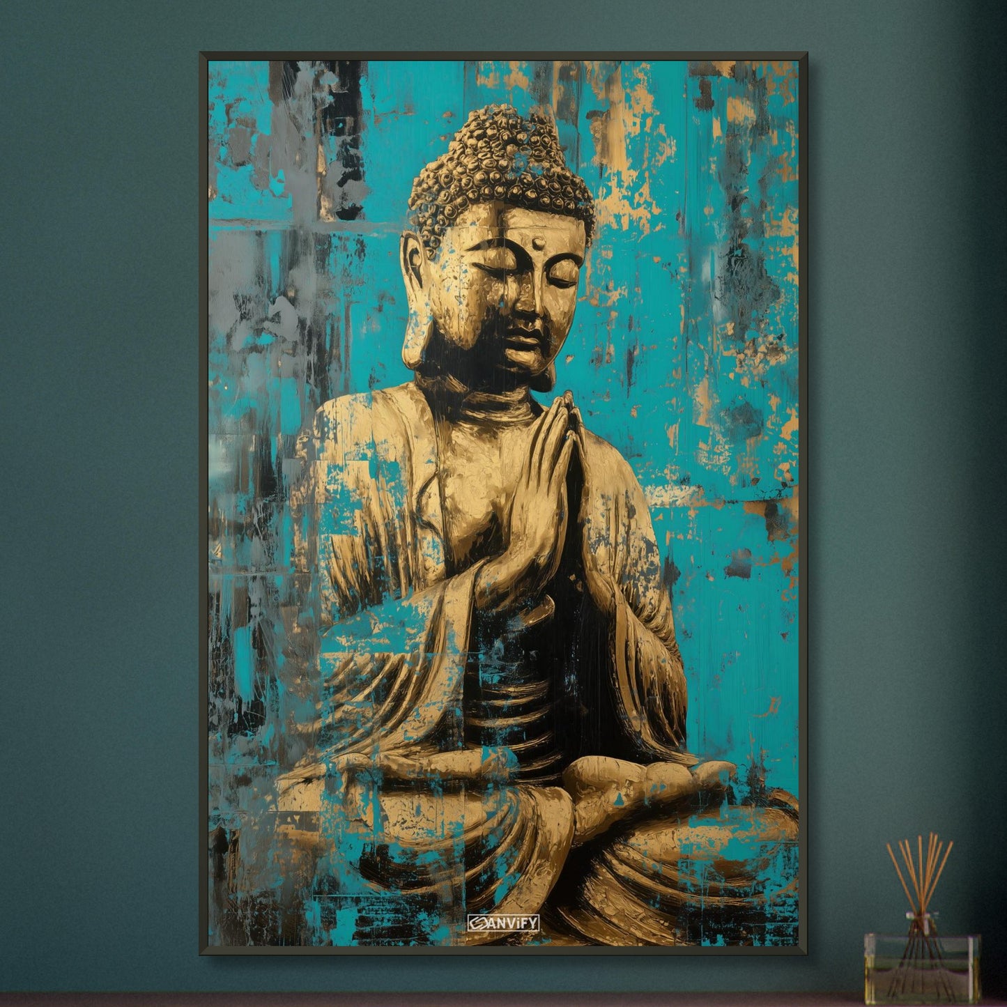 Goldener Buddha auf einem Poster im Metallrahmen