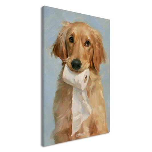 Golden Retriever mit einer Klopapierrolle im Mund auf einer Leinwand