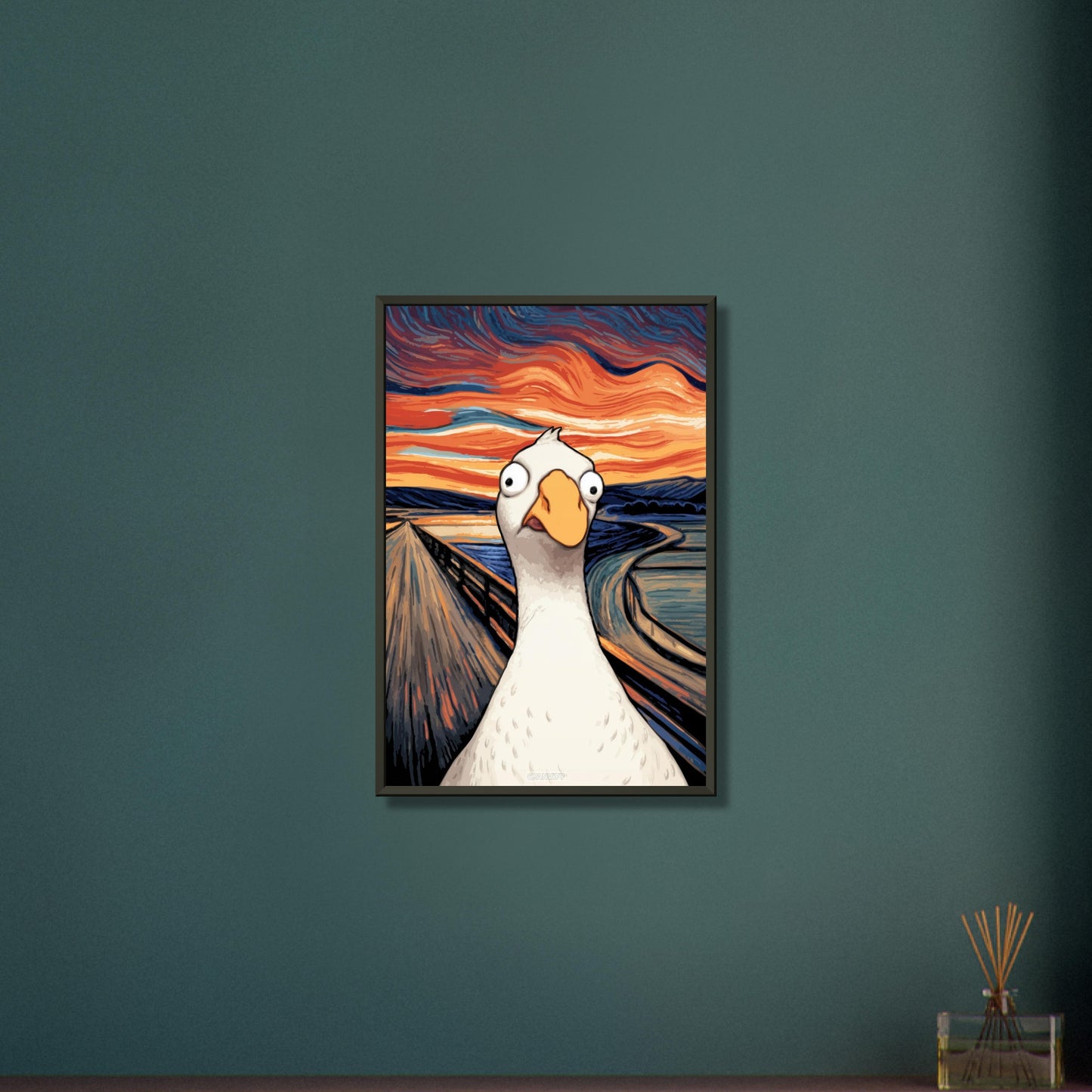 Gans von Goose Goose Duck im Stil von The Scream und Vincent van Gogh auf einem Poster im Metallrahmen
