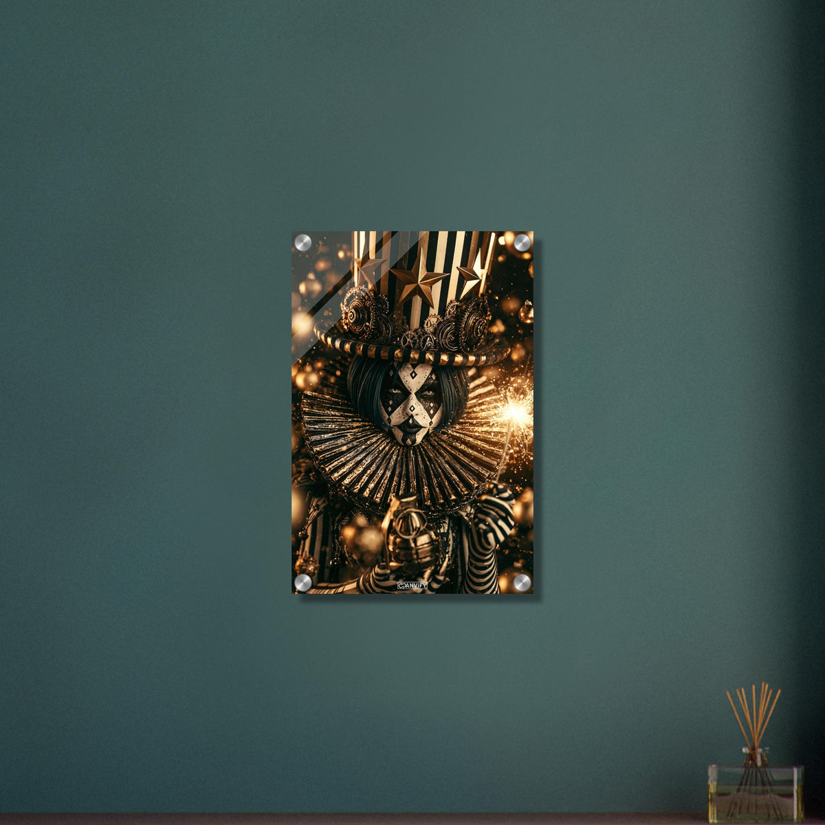 Gothic Circus Clown im Dark Fantasy Art-Stil mit einer Wunderkerze und einer Granate in der Hand auf einem Acrylbild