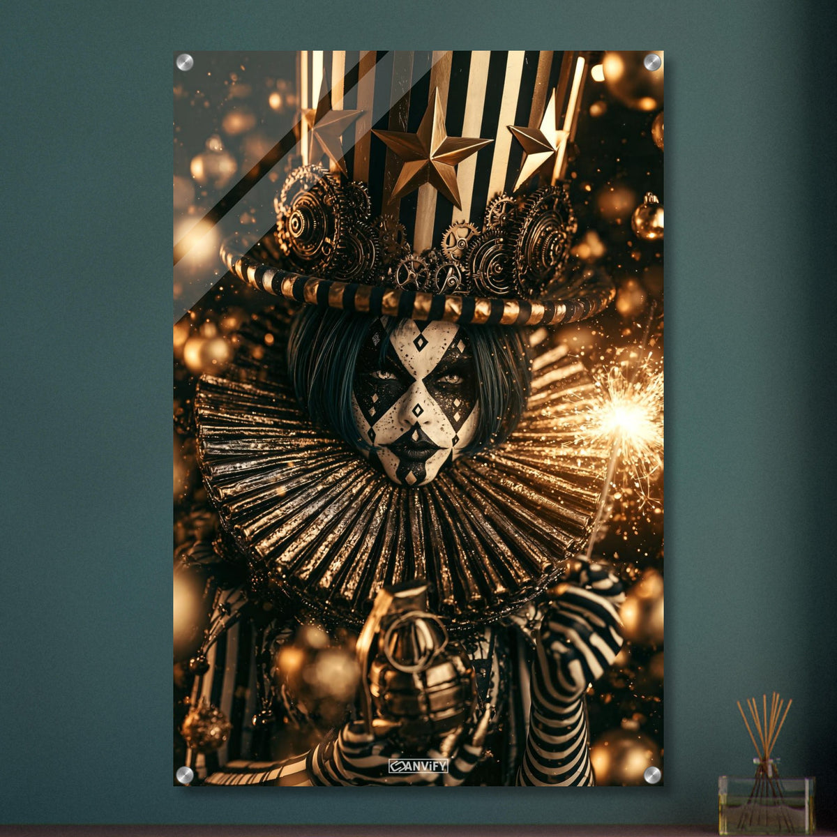 Gothic Circus Clown im Dark Fantasy Art-Stil mit einer Wunderkerze und einer Granate in der Hand auf einem Acrylbild