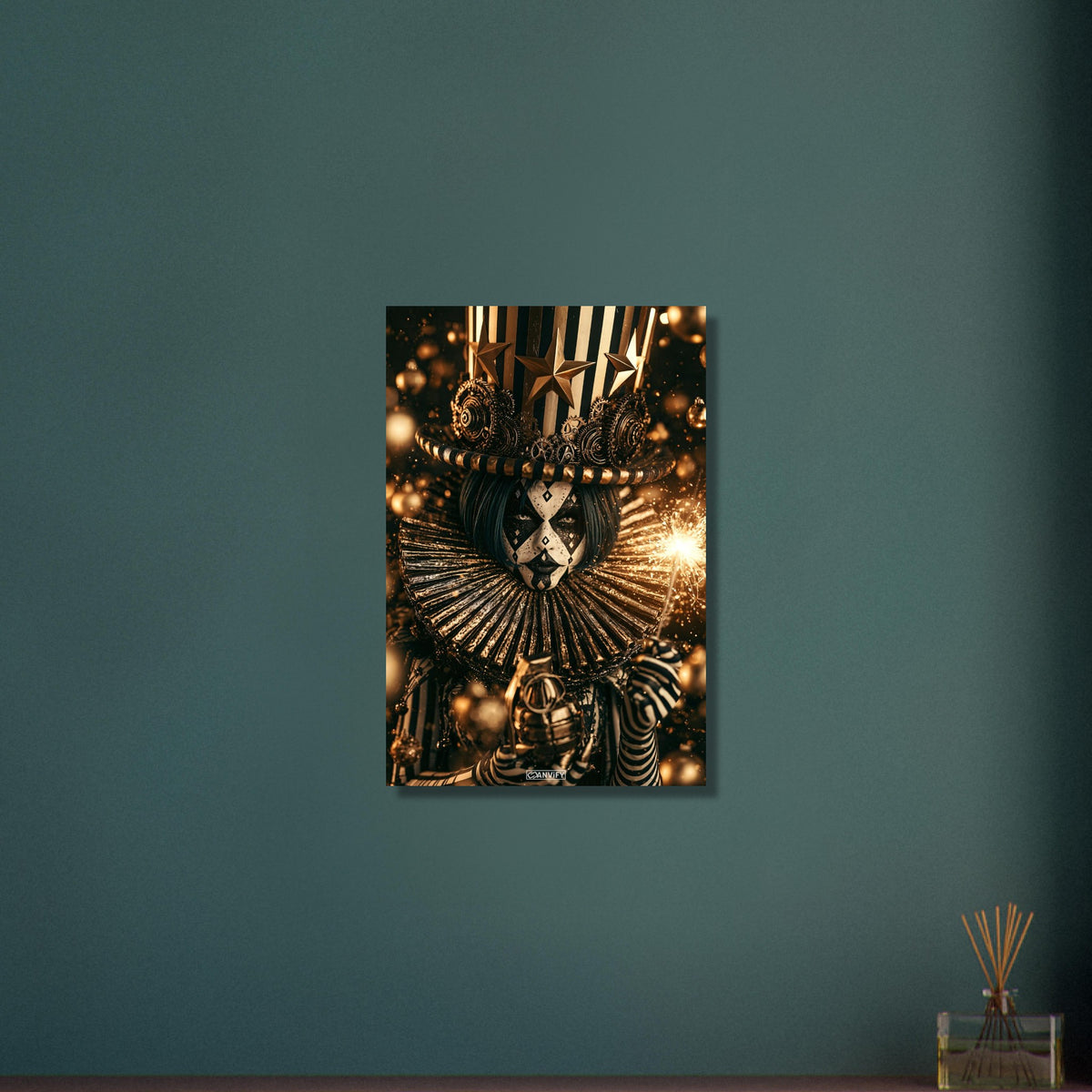 Gothic Circus Clown im Dark Fantasy Art-Stil mit einer Wunderkerze und einer Granate in der Hand auf Aluminium