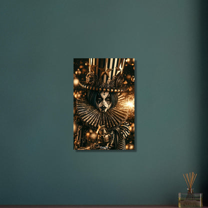 Gothic Circus Clown im Dark Fantasy Art-Stil mit einer Wunderkerze und einer Granate in der Hand auf Aluminium