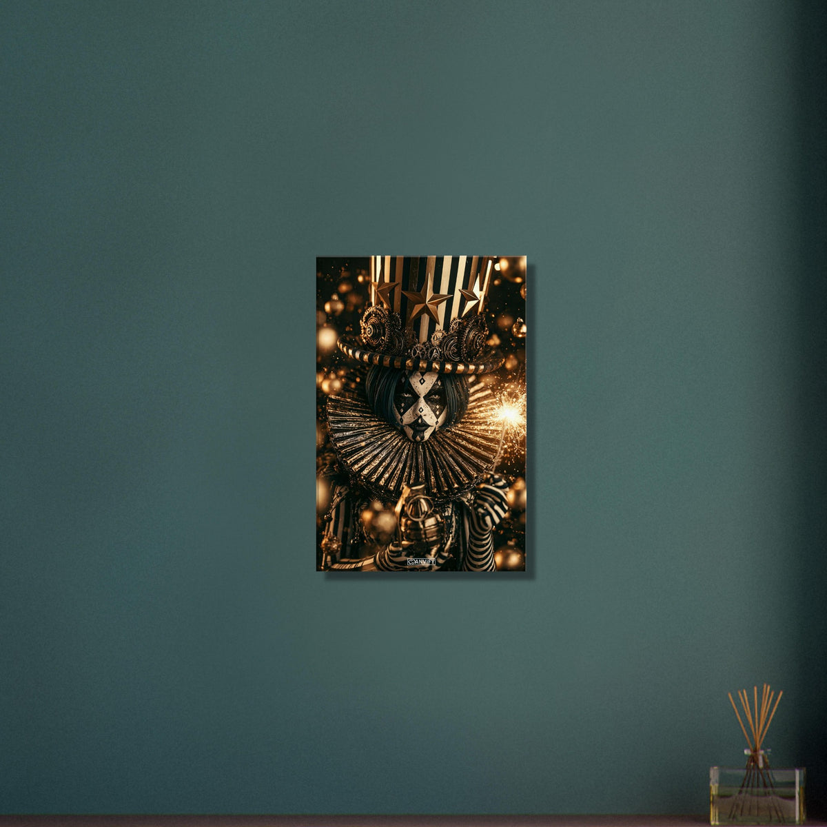 Gothic Circus Clown im Dark Fantasy Art-Stil mit einer Wunderkerze und einer Granate in der Hand auf einer Leinwand