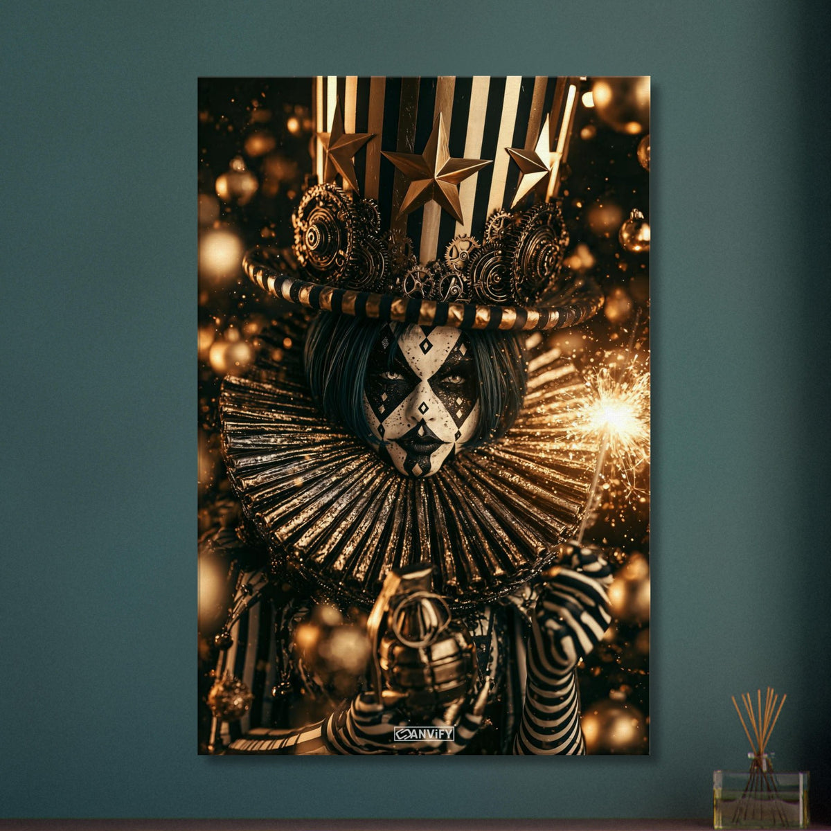 Gothic Circus Clown im Dark Fantasy Art-Stil mit einer Wunderkerze und einer Granate in der Hand auf einer Leinwand