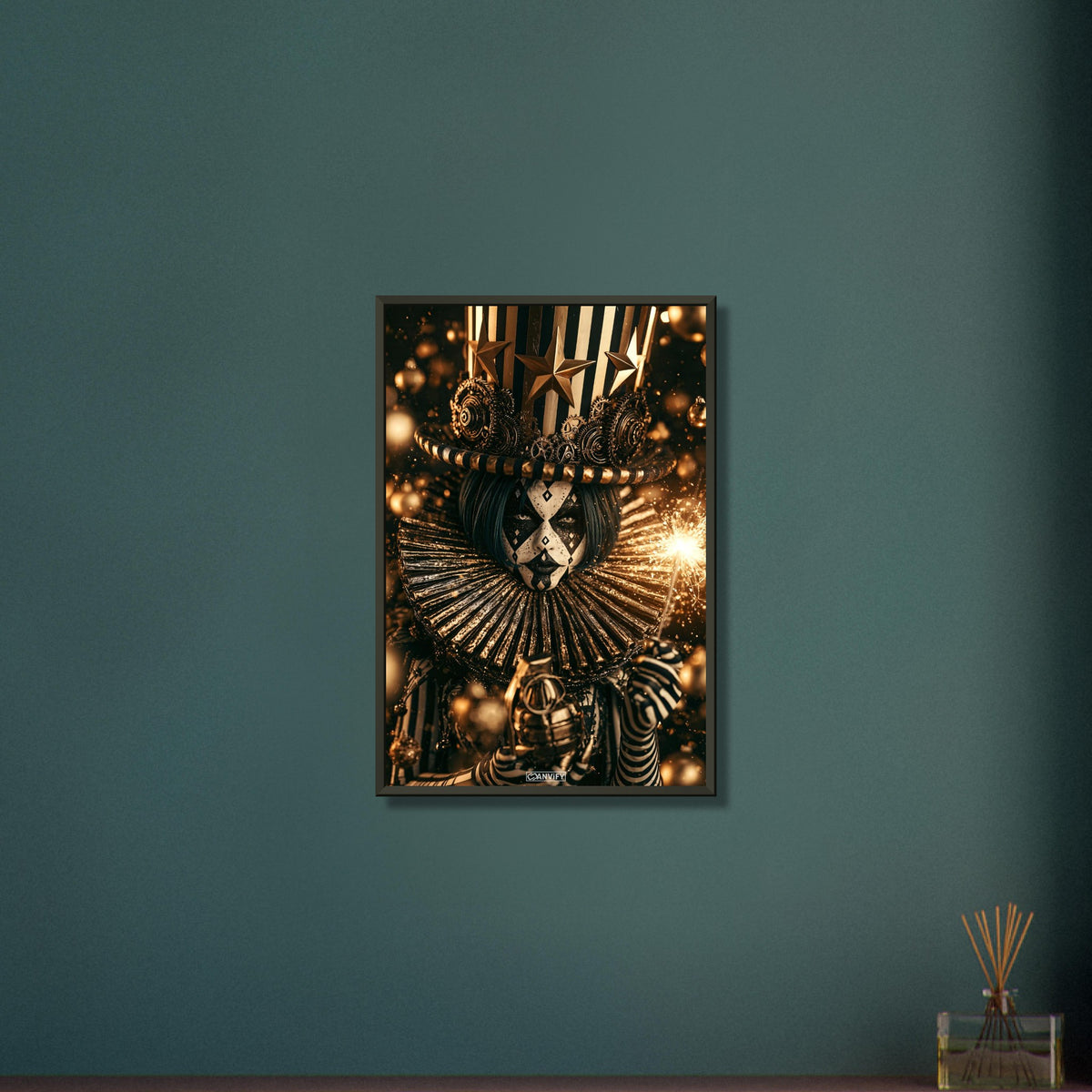 Gothic Circus Clown im Dark Fantasy Art-Stil mit einer Wunderkerze und einer Granate in der Hand auf einem Poster im Metallrahmen