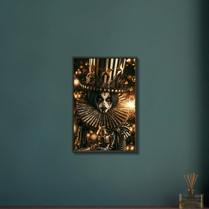 Gothic Circus Clown im Dark Fantasy Art-Stil mit einer Wunderkerze und einer Granate in der Hand auf einem Poster im Metallrahmen
