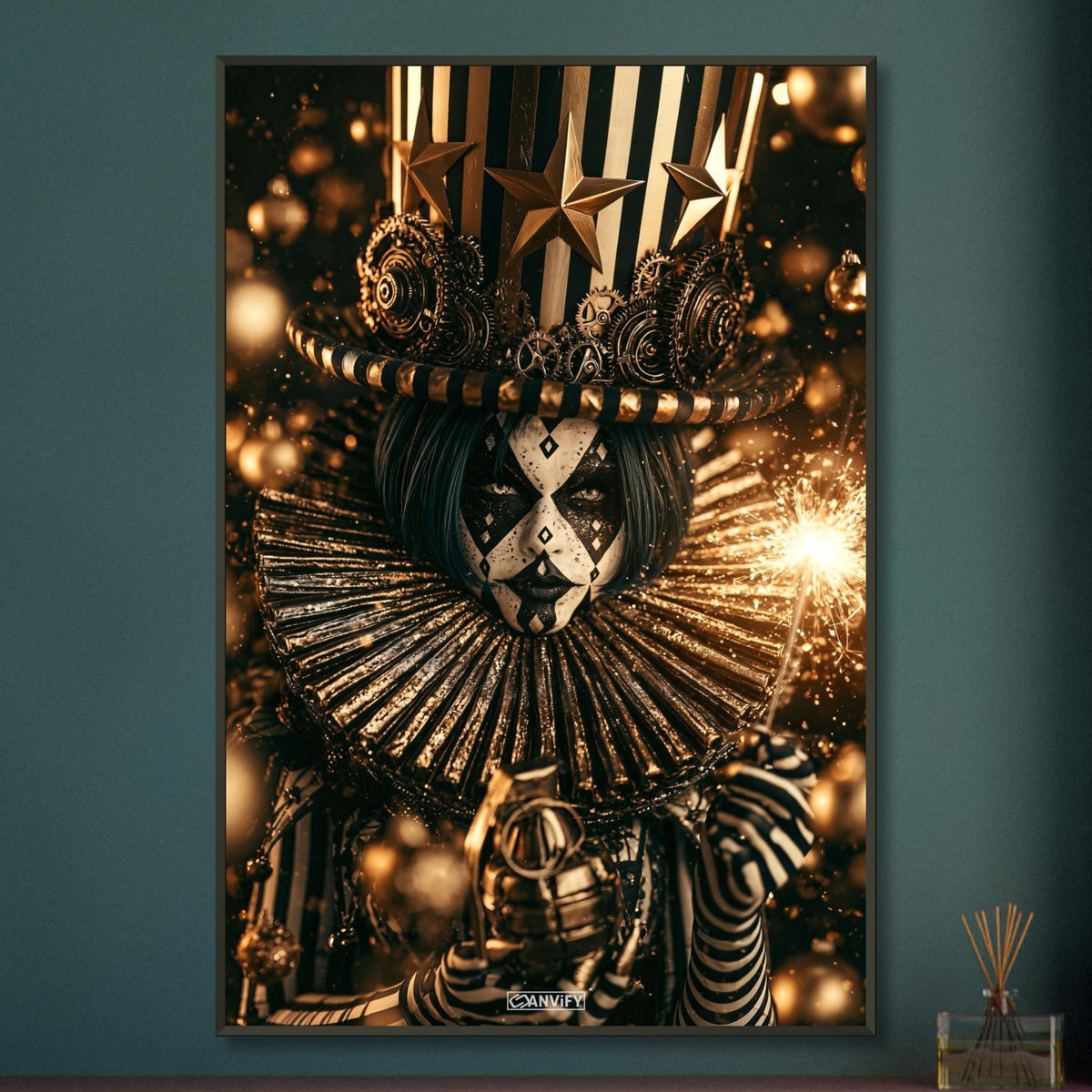 Gothic Circus Clown im Dark Fantasy Art-Stil mit einer Wunderkerze und einer Granate in der Hand auf einem Poster im Metallrahmen