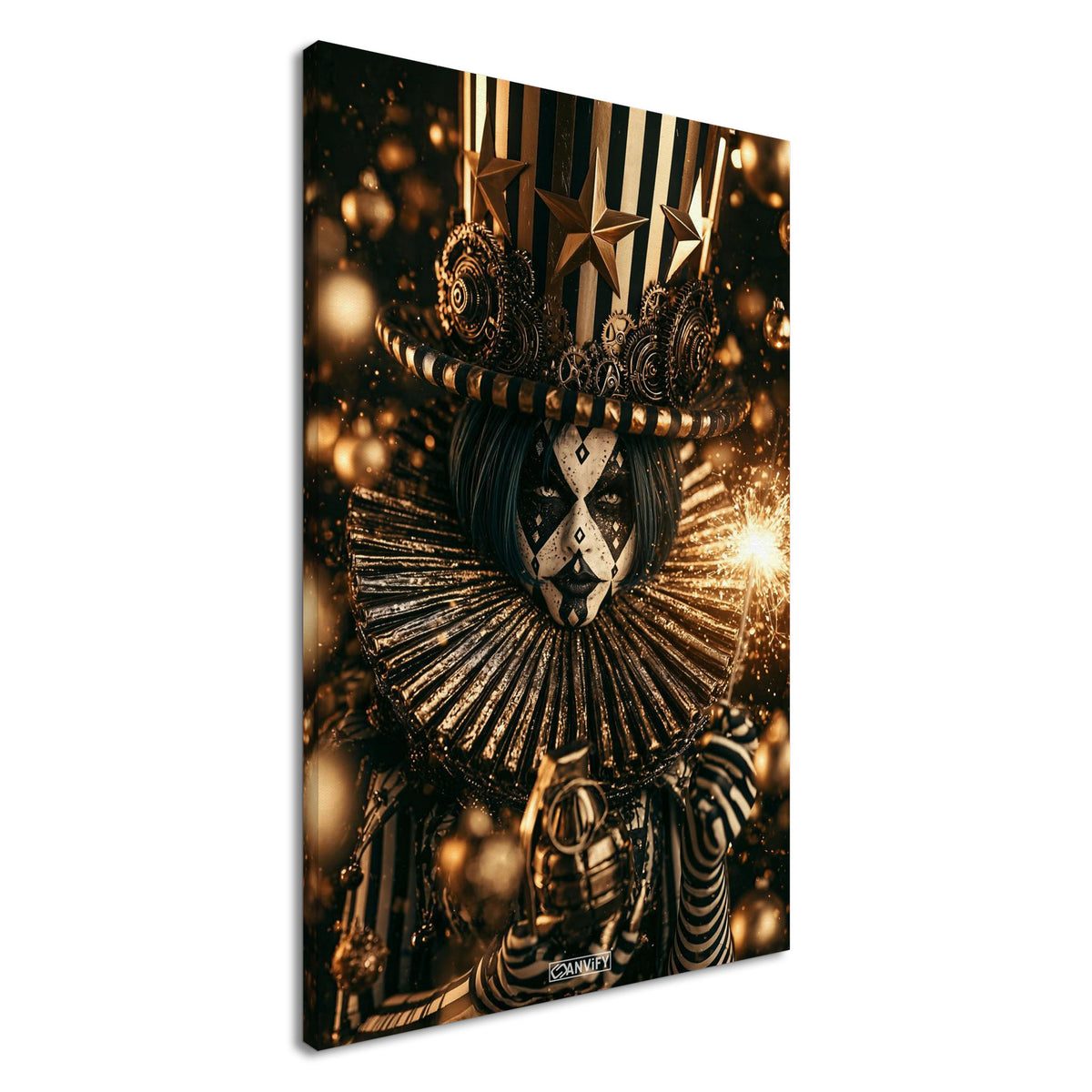 Gothic Circus Clown im Dark Fantasy Art-Stil mit einer Wunderkerze und einer Granate in der Hand auf einer Leinwand