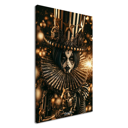 Gothic Circus Clown im Dark Fantasy Art-Stil mit einer Wunderkerze und einer Granate in der Hand auf einer Leinwand