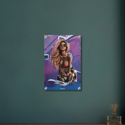 Graffiti Strassenkunst von einer schönen Frau mit hellbraunen langen Haaren im GTA Style auf einem Acrylbild