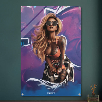 Graffiti Strassenkunst von einer schönen Frau mit hellbraunen langen Haaren im GTA Style auf einem Acrylbild