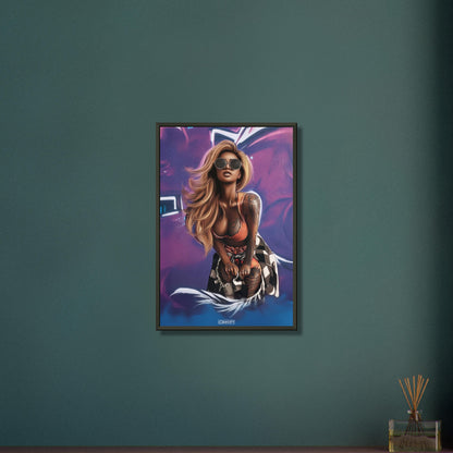 Graffiti Strassenkunst von einer schönen Frau mit hellbraunen langen Haaren im GTA Style auf einem Poster im Metallrahmen