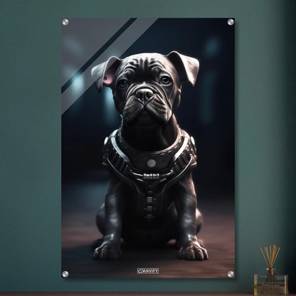 Schwarze Bulldogge im Superhelden Kostüm von Bane auf einem Acrylbild