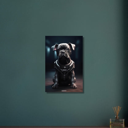 Schwarze Bulldogge im Superhelden Kostüm von Bane auf Aluminium