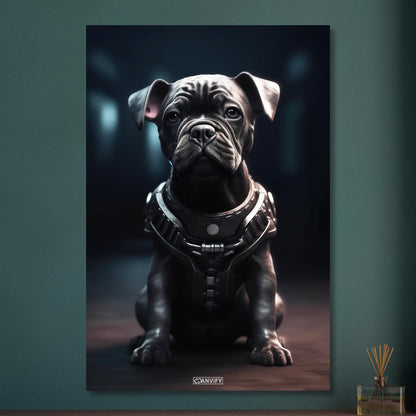 Schwarze Bulldogge im Superhelden Kostüm von Bane auf Aluminium