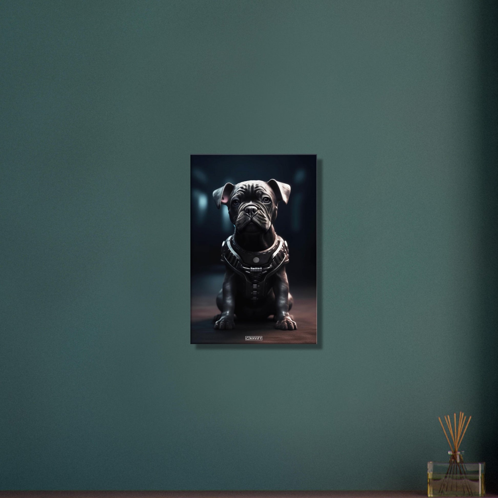 Schwarze Bulldogge im Superhelden Kostüm von Bane auf einer Leinwand